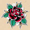 Old School Red Rose Sticker Ready To Print. Vintage Traditional Art. Simbol Of Love. Barbershop Or Tattoo Studio Advertising Merch