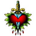 Old school style tattoo dagger through  heart with green leaves in the background. Editable  illustration Royalty Free Stock Photo