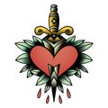 Old school style tattoo dagger through a heart with green leaves in the background. Editable 