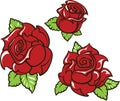 Old-school styled tattoo of three red roses with green leaves.