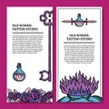 Old school tattoo banner template with heart, roses, knife, glass bottle, key with outline and shadow in pink, purple Royalty Free Stock Photo