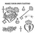 Old school tattoo elements set with heart, roses, key, bottle, engraving ribbon and knife with outline in black and