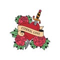 Old school tattoo emblem label with dagger heart rose symbols and wording eternal love. Traditional tattooing style ink Royalty Free Stock Photo