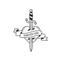 Old school tattoo emblem label with dagger heart symbols and wording forever love. Traditional tattooing style ink