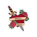 Old school tattoo emblem label with dagger rose heart symbols and wording broken heart. Traditional tattooing style ink