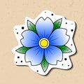 Old school tattoo flower colorful sticker. Hand drawn black outline bright blue inflorescence green leaves. Traditional classic ta