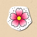 Old school tattoo flower colorful sticker. Hand drawn black outline bright pink inflorescence. Traditional classic tattoo sketch.