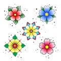 Old school tattoo flower set. Hand drawn black outline bright yellow cyan blue red inflorescence. Traditional classic sketch tatto Royalty Free Stock Photo