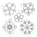 Old school tattoo flower set. Hand drawn black outline inflorescence. Traditional classic sketch tattoo flash. Coloring book page Royalty Free Stock Photo