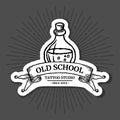 Old school tattoo logo with bottle icon, sun and engraving ribbon with outline and shadow in classic black and white Royalty Free Stock Photo