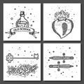 Old school tattoo logo with heart, roses and engraving ribbon with outline and shadow in black, white and grey colors in Royalty Free Stock Photo