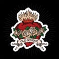 Old school tattoo logo with heart, roses and engraving ribbon with outline and shadow in classic red, green and beige Royalty Free Stock Photo