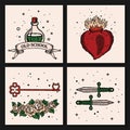 Old school tattoo logo with heart, roses and engraving ribbon with outline and shadow in red, beige, green and grey Royalty Free Stock Photo