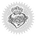 Old school tattoo logo with heart, roses and fire with outline in classic black and white retro style with ray and gleam Royalty Free Stock Photo