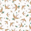 Old school tattoo seamless pattern with swallows.