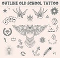 Old school tattoo set. Cartoon tattoo elements in funny style:anchor, owl, star, heart, diamonds, scull, swallow. Outline s