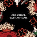 Old school tattoo social media banner with heart, bottle icon, knife, key with header in classic retro style. Black, red Royalty Free Stock Photo