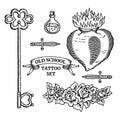 Old school tattoo set with heart, flowers, bottle icon, knife, key with header in classic black and white retro style Royalty Free Stock Photo