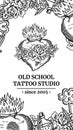 Old school tattoo social media banner with heart, flowers, bottle icon, knife, key with header in monochrome black and Royalty Free Stock Photo