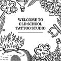 Old school tattoo social media template banner with flowers, heart, fire, bottle, knife and keys in classic retro style Royalty Free Stock Photo
