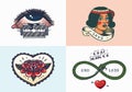 Old school Tattoo stickers. Eye and woman, heart and snake. Engraved hand drawn vintage retro sketch for notebook or