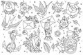 Old school traditional outlines tattoo set. Old school traditional tattoo flash outlines icons pack with swallow rose