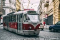 Old-school tram in Prague streets