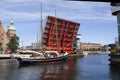 Old schooner ship passing through a drawbridge Royalty Free Stock Photo