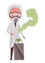 Old scientist doing research. Funny moustached character wearing glasses and lab coat. Discovery in science. Vector