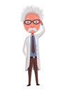 Old scientist. Funny moustached character wearing glasses and lab coat. Discovery in science. Vector illustration in