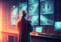 Old scientist in futuristic research center looking at results. Generate Ai.