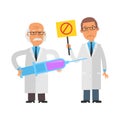 Old scientist holding syringe and displeased. Young scientist holding prohibition sign and displeased. Vector characters