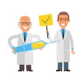Old scientist holding syringe and smiling. Young scientist holding sign with check mark and smiling. Vector characters