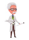 Old scientist holding twisted whatmans. Funny moustached character wearing glasses and lab coat. Discovery in science