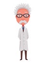 Old scientist holds hands behind his back. Funny moustached character wearing glasses and lab coat. Discovery in science