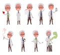 Old scientist set. Funny moustached characters wearing glasses and lab coat. Discovery in science. Vector illustration