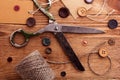 Old scissors and buttons Royalty Free Stock Photo