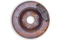 Old scored rusty brake rotor and pads Royalty Free Stock Photo