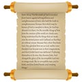 Old scroll with Bible text. Parchment realistic. Vintage blank paper scroll isolated on white background. Vector illustration. Royalty Free Stock Photo