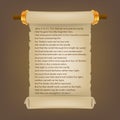 Old scroll with Bible text. Parchment realistic. Vintage blank paper scroll on white background. Vector illustration.