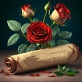 An old scroll of paper with a beautiful red rose. Royalty Free Stock Photo