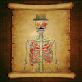 Old Scroll Paper With A Skeleton On Vintage Wooden Background