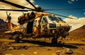 Old scruffy helicopter landed in the desert. Flying vehicle with door open stands on the ground. Low angle view. Generative AI Royalty Free Stock Photo