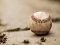 Old Scuffed Baseball on Soft Earth Ground. Royalty Free Stock Photo