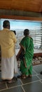 An old senior citizens couple observing the museum