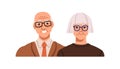 Old senior couple. Elderly retired characters. Happy elder aged spouse, gray-haired husband and wife in glasses