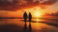 old senior couple walking by sea beach at sunset, older romantic man and woman walk by ocean shore at summer sunrise Royalty Free Stock Photo