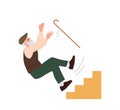 Old senior man cartoon character with cane falling down from stairs isolated vector illustration