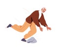 Old senior man stumbling against stone, falling down. Clumsy elderly character falls. Tripped person, accident. Injury Royalty Free Stock Photo