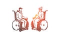 Old, senior, wheelchair, nursing, age concept. Hand drawn isolated vector. Royalty Free Stock Photo